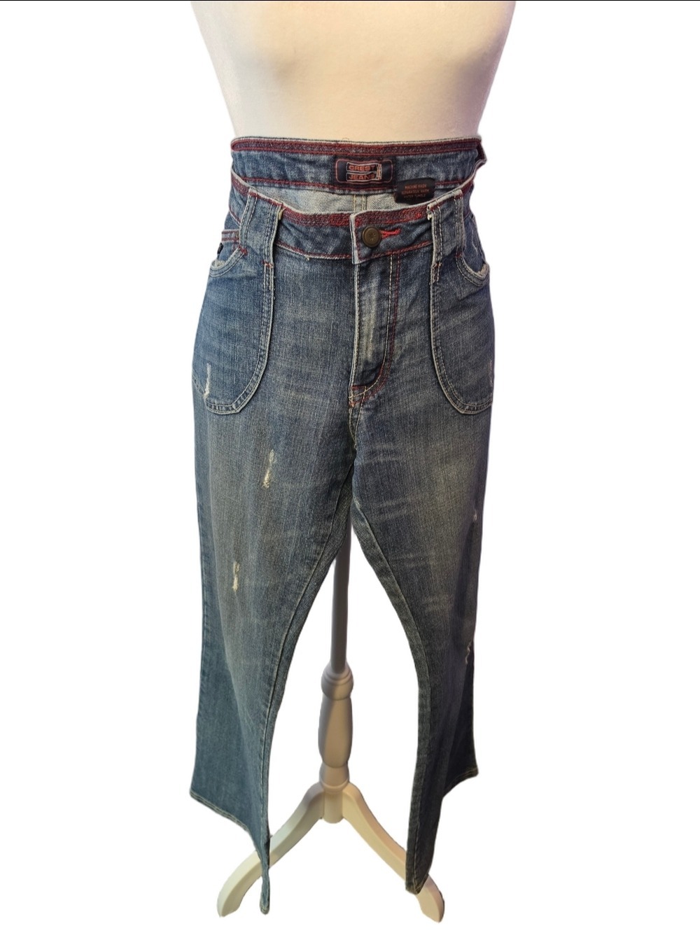 Crest Dark Blue Wash Mid Rise Wide Leg Jeans Red Stitching Distressed Size 11/12